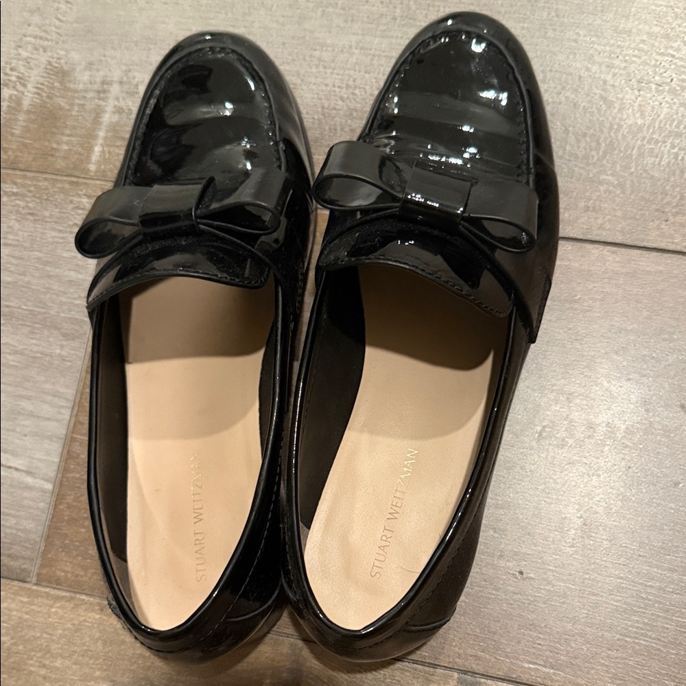 Stuart Weitzman Glossy Black Loafers with Bow
